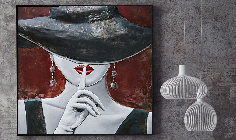 Woman in Hat Hushing Silence Metal & Wood 3D Wall Art