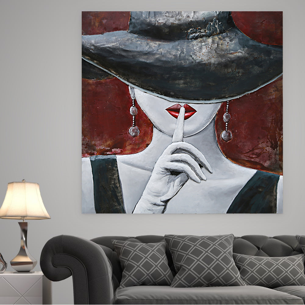 Woman in Hat Hushing Silence Metal & Wood 3D Wall Art