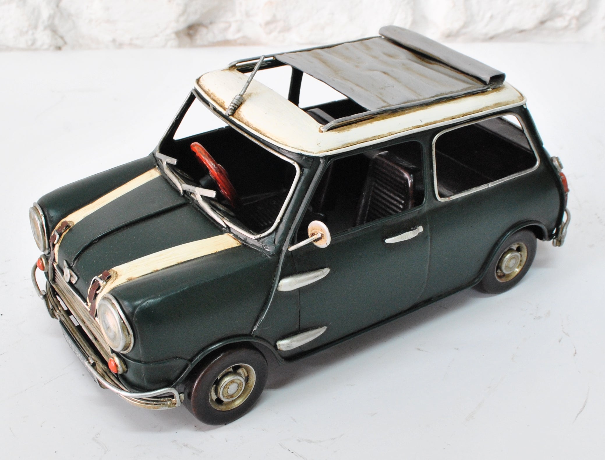 Mini Cooper 1:18 Scale Green + White Roof Metal Art Tin Model
