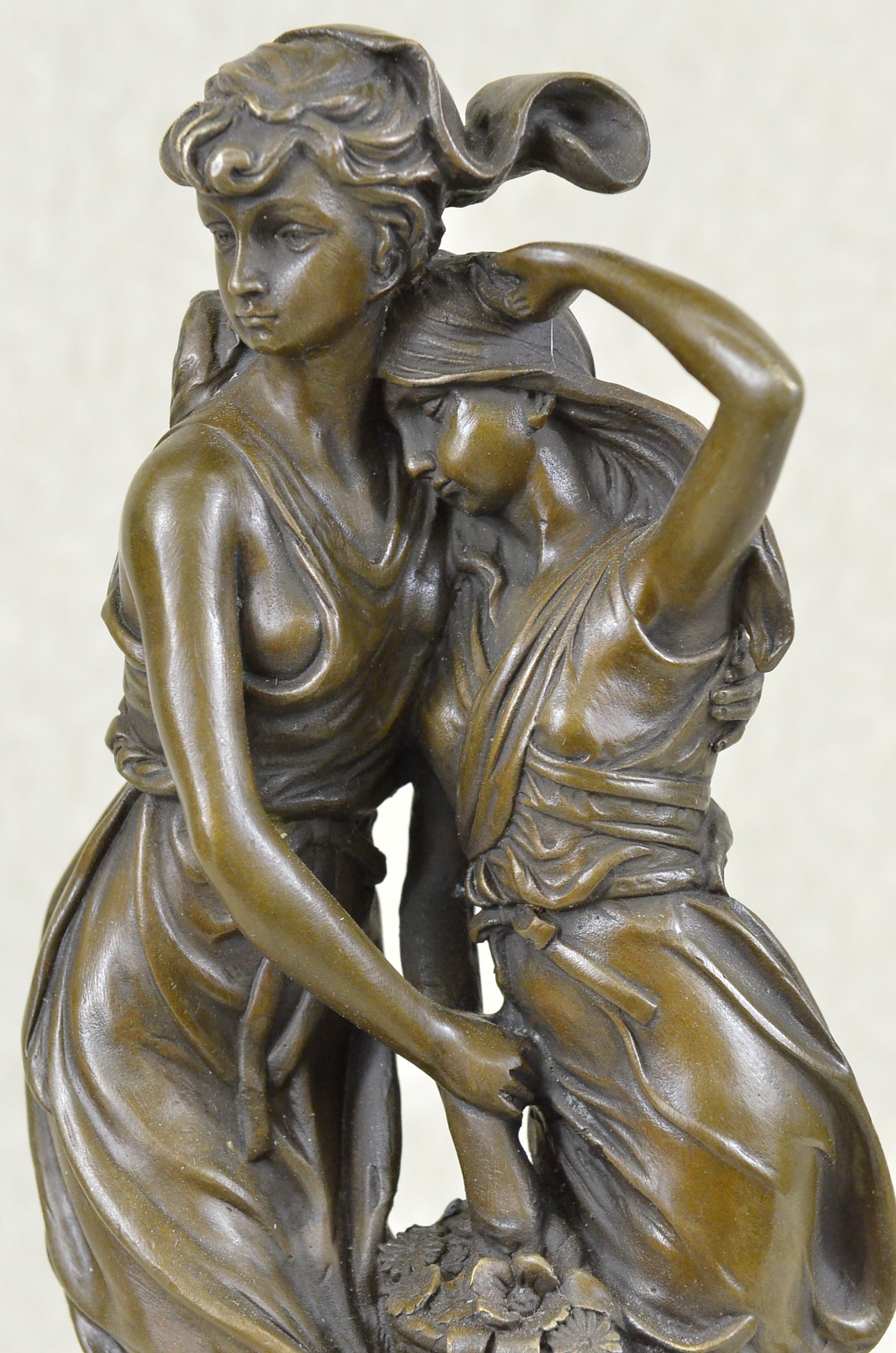 Two Sisters Bronze Metal Sculpture on Marble Base Moreau