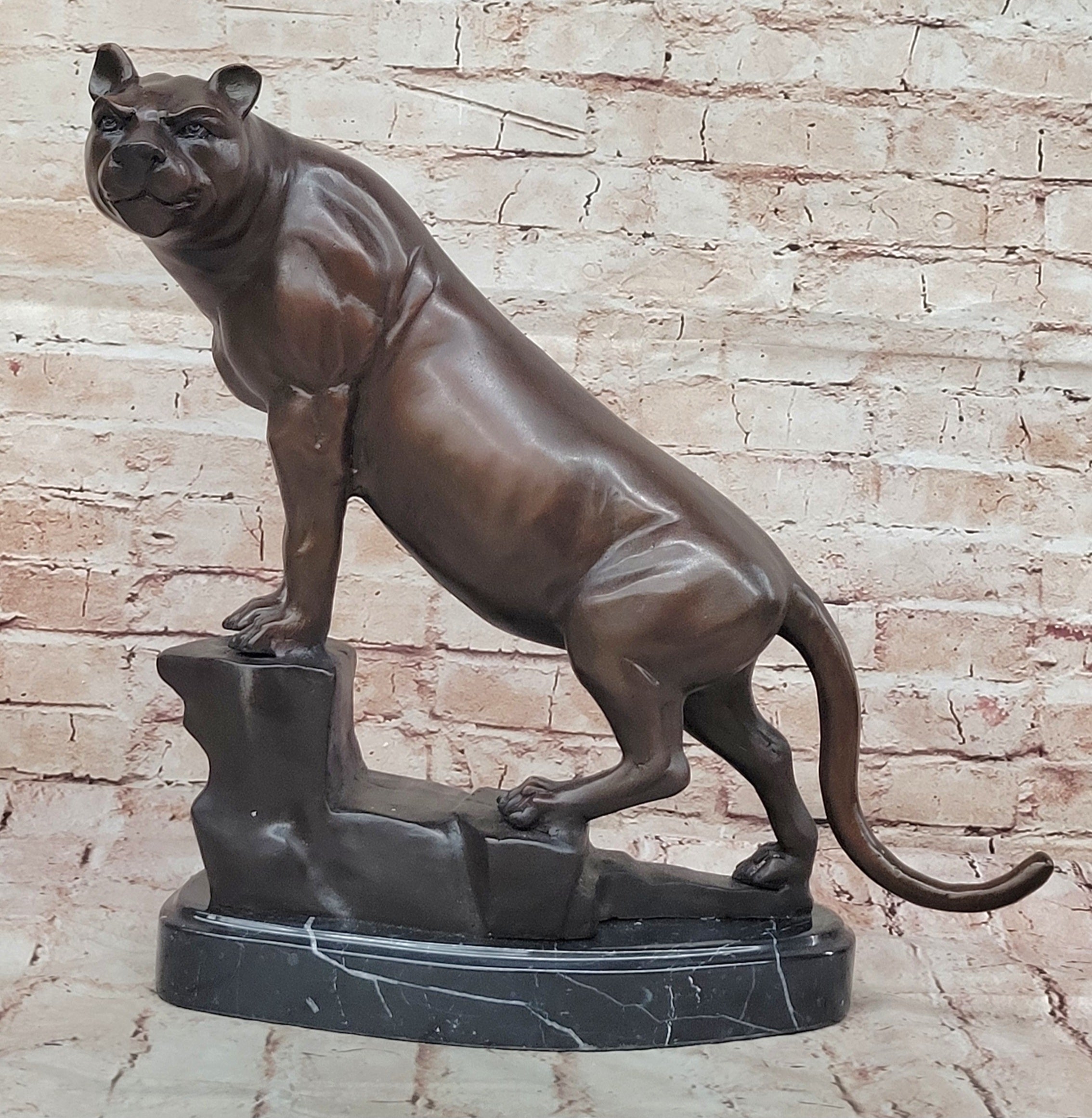 Bronze Panther Sculpture on Marble Base