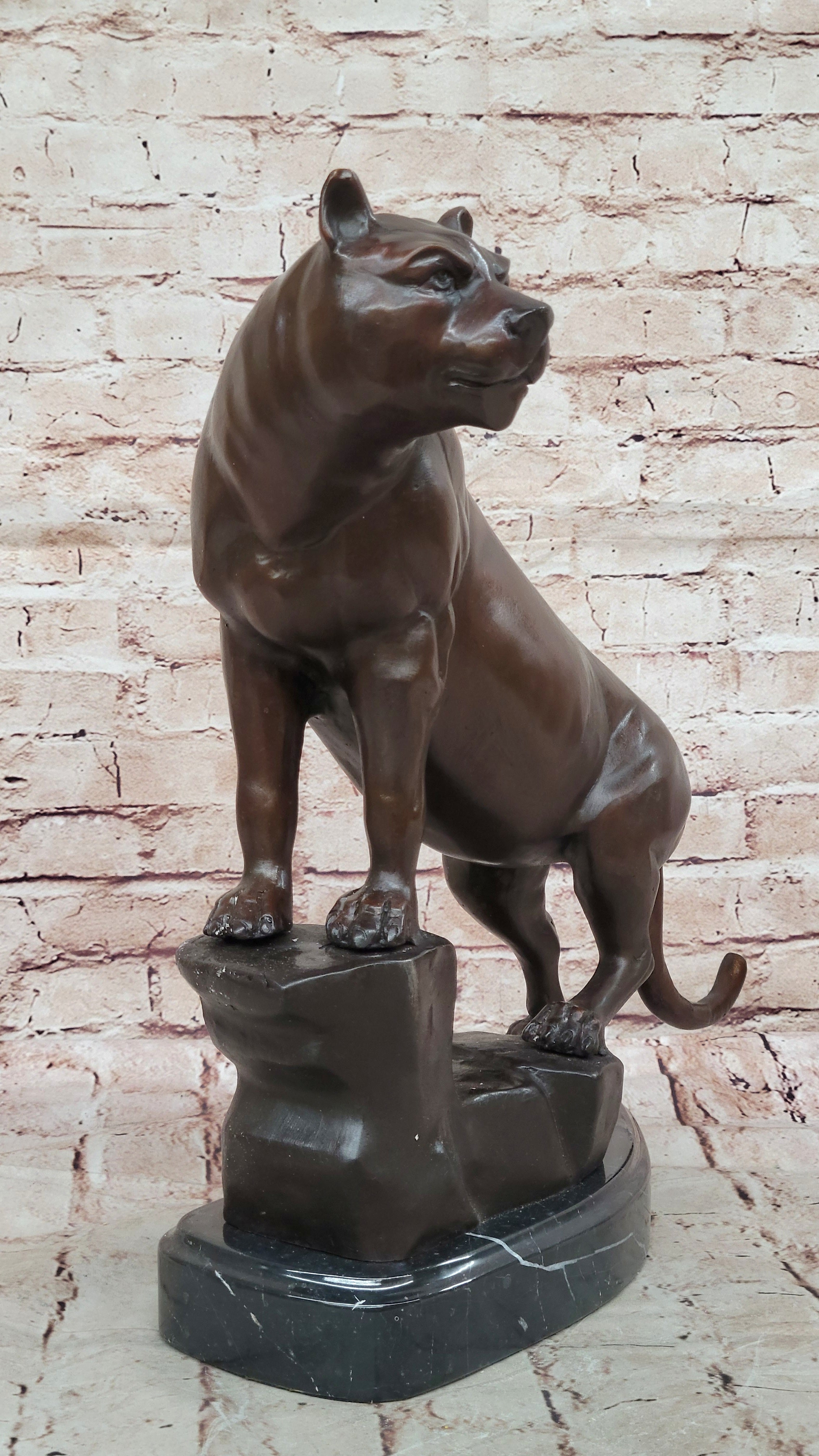 Bronze Panther Sculpture on Marble Base