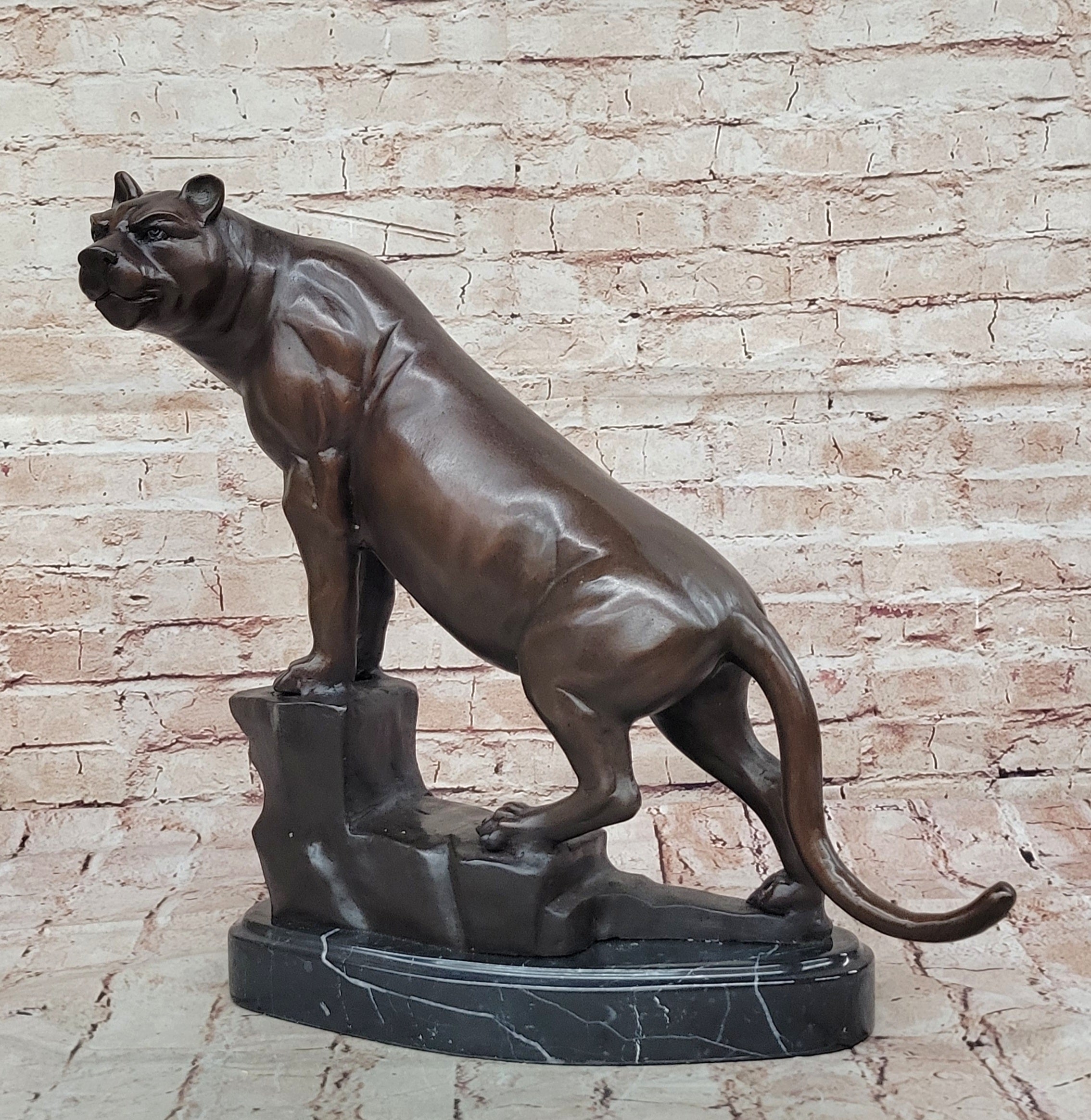 Bronze Panther Sculpture on Marble Base