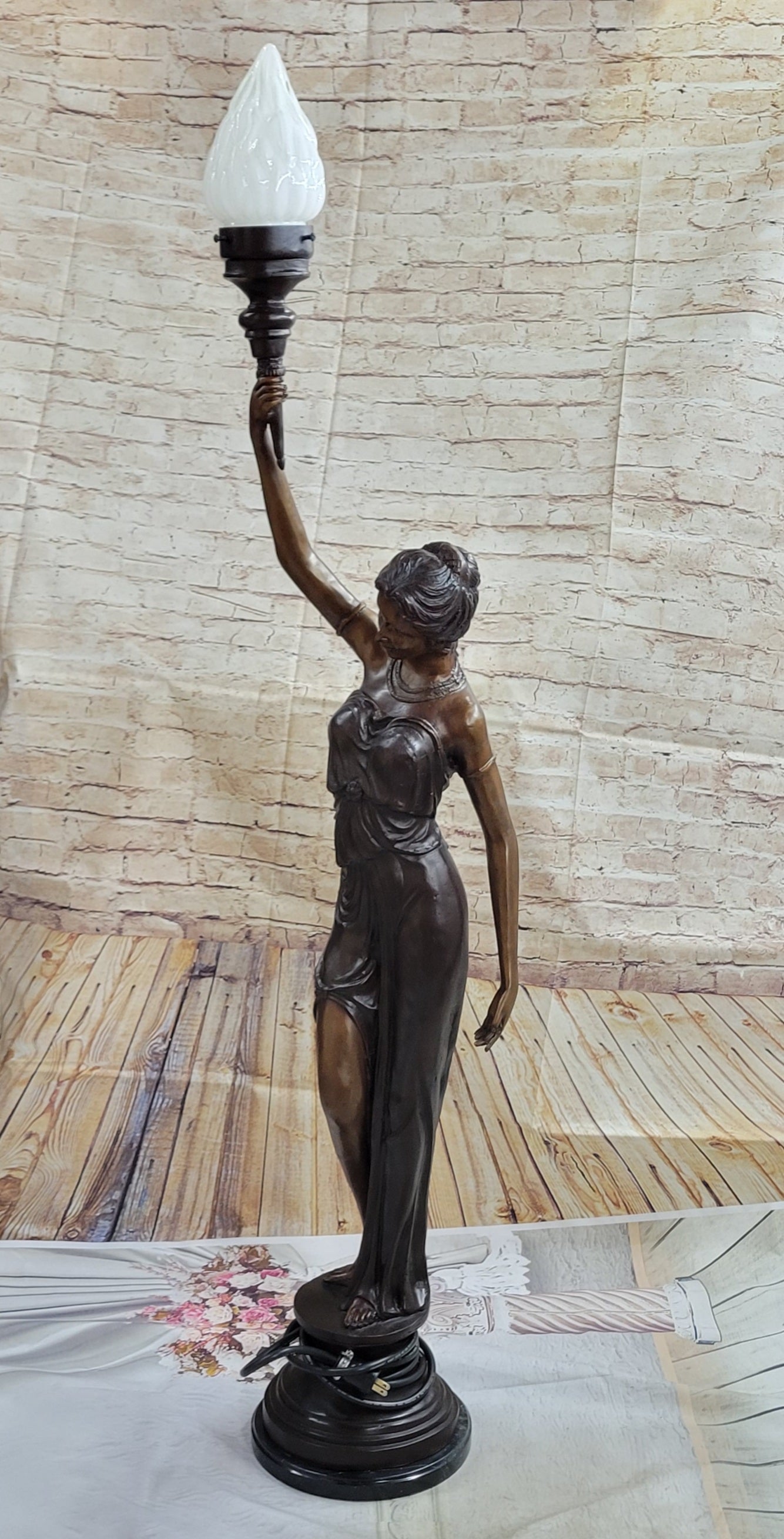 Girl Woman Holding Torch Electric Table Lamp Bronze Moreau 51" x 13"