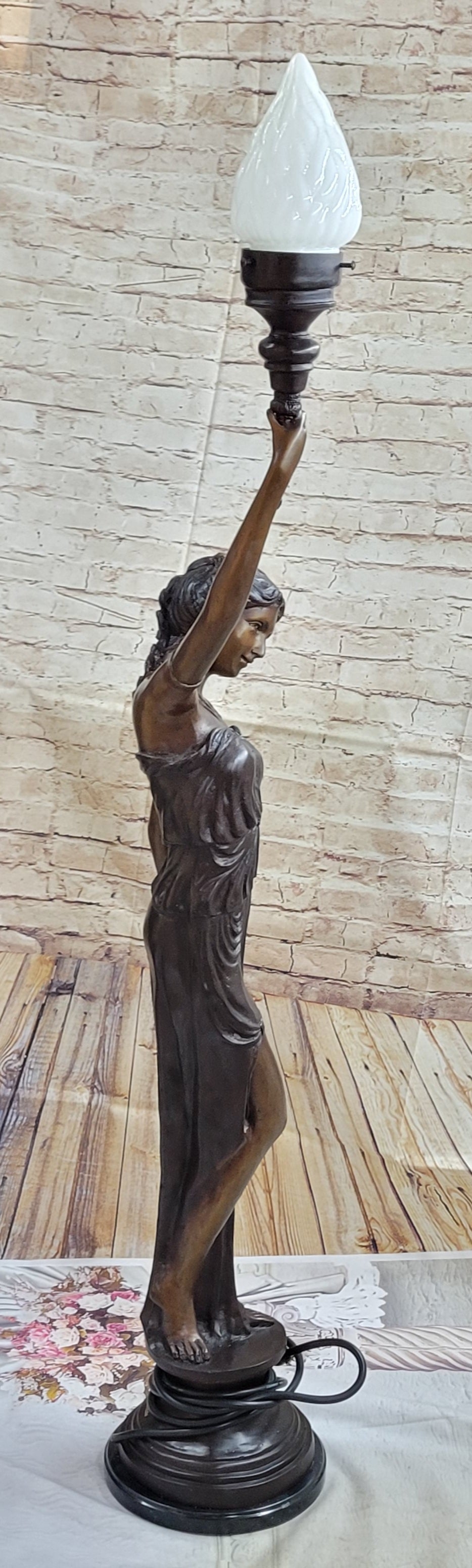 Girl Woman Holding Torch Electric Table Lamp Bronze Moreau 51" x 13"