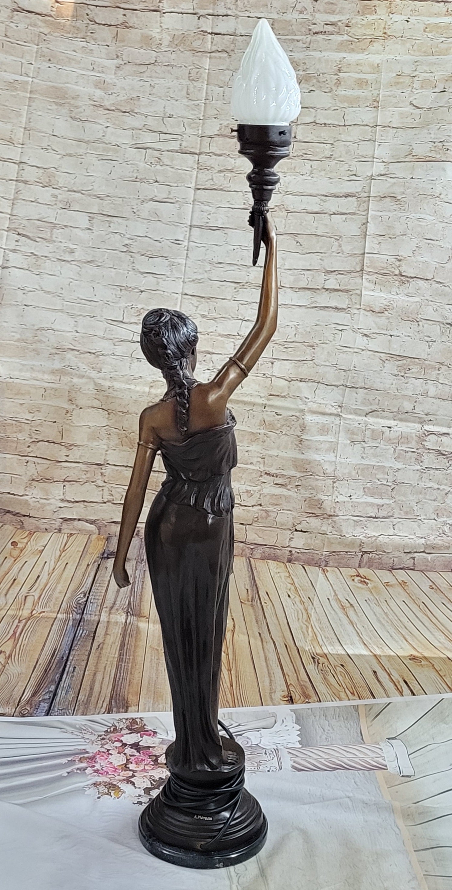 Girl Woman Holding Torch Electric Table Lamp Bronze Moreau 51" x 13"