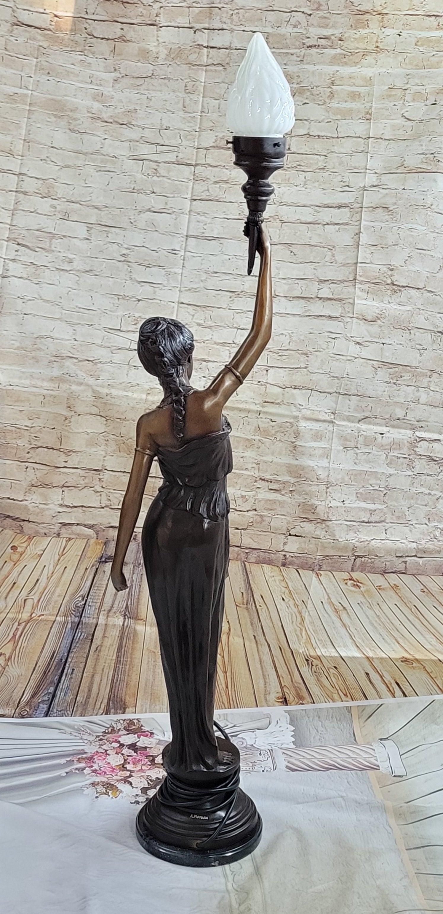 Girl Woman Holding Torch Electric Table Lamp Bronze Moreau 51" x 13"