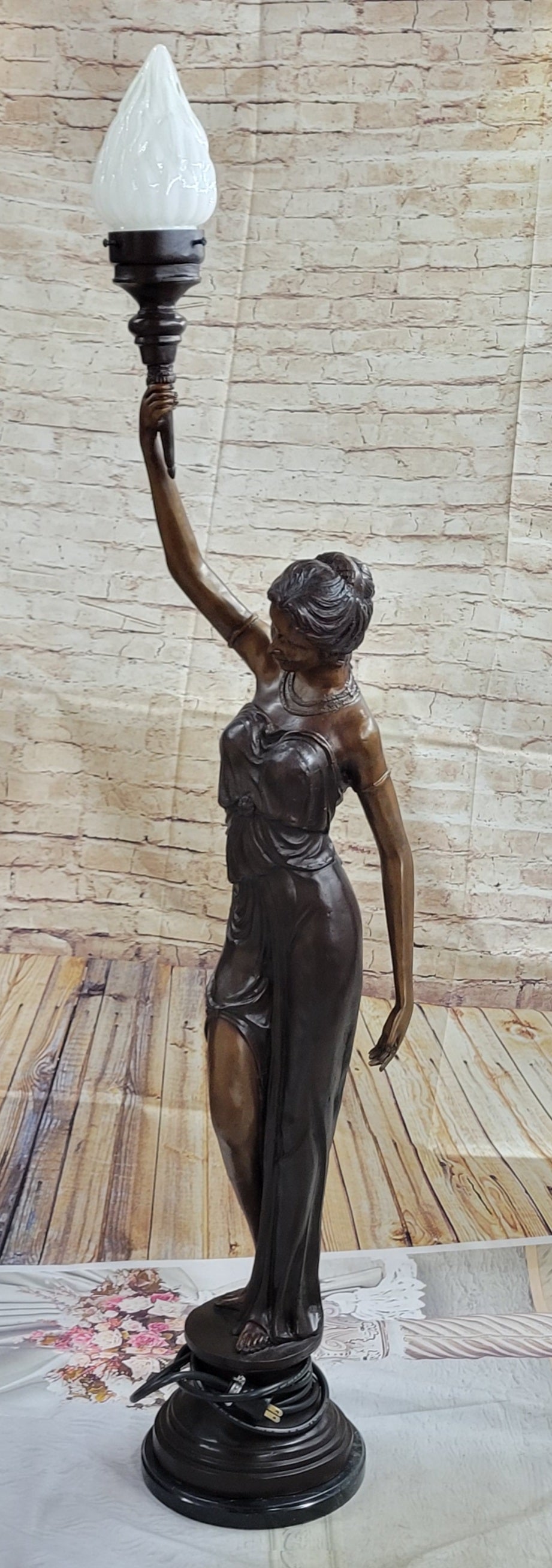 Girl Woman Holding Torch Electric Table Lamp Bronze Moreau 51" x 13"