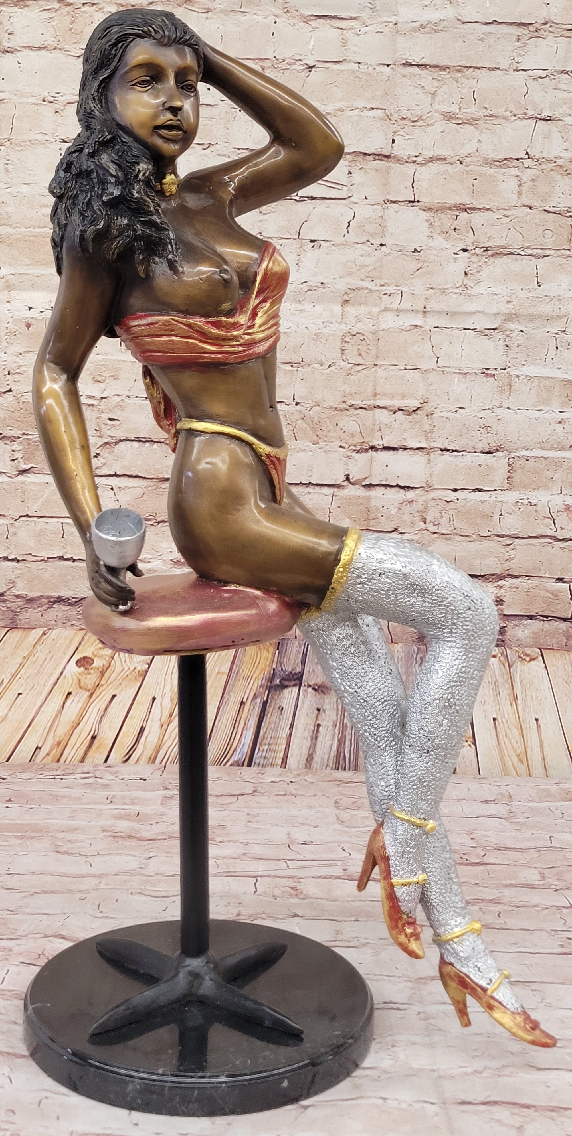 Sexy Nude Girl Sitting on a Stool Limited Edition Signed and Numbered Bronze Statue
