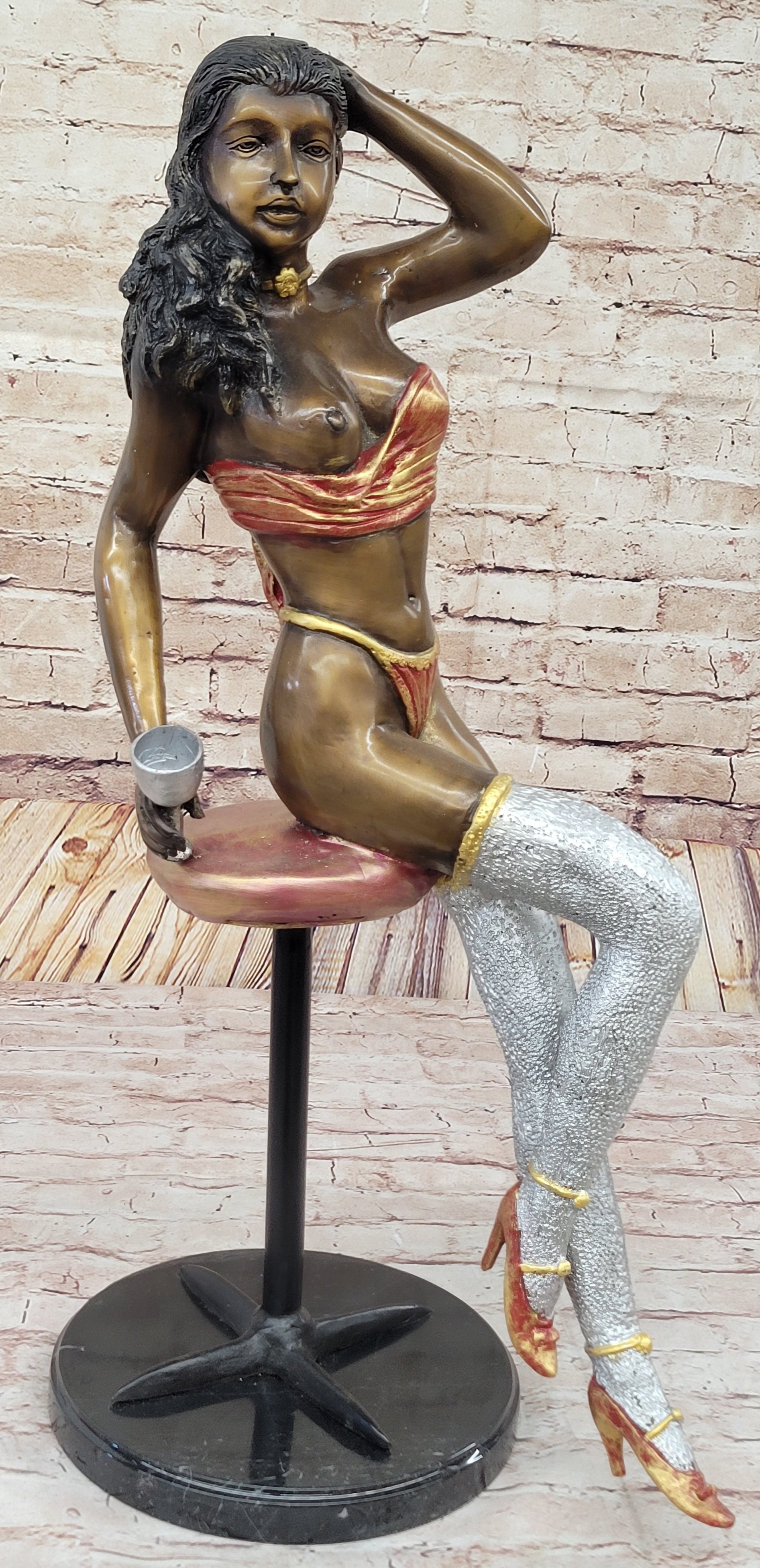 Sexy Nude Girl Sitting on a Stool Limited Edition Signed and Numbered Bronze Statue