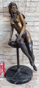 Nude Woman holding a Cup sitting on Stool Bronze Sculpture