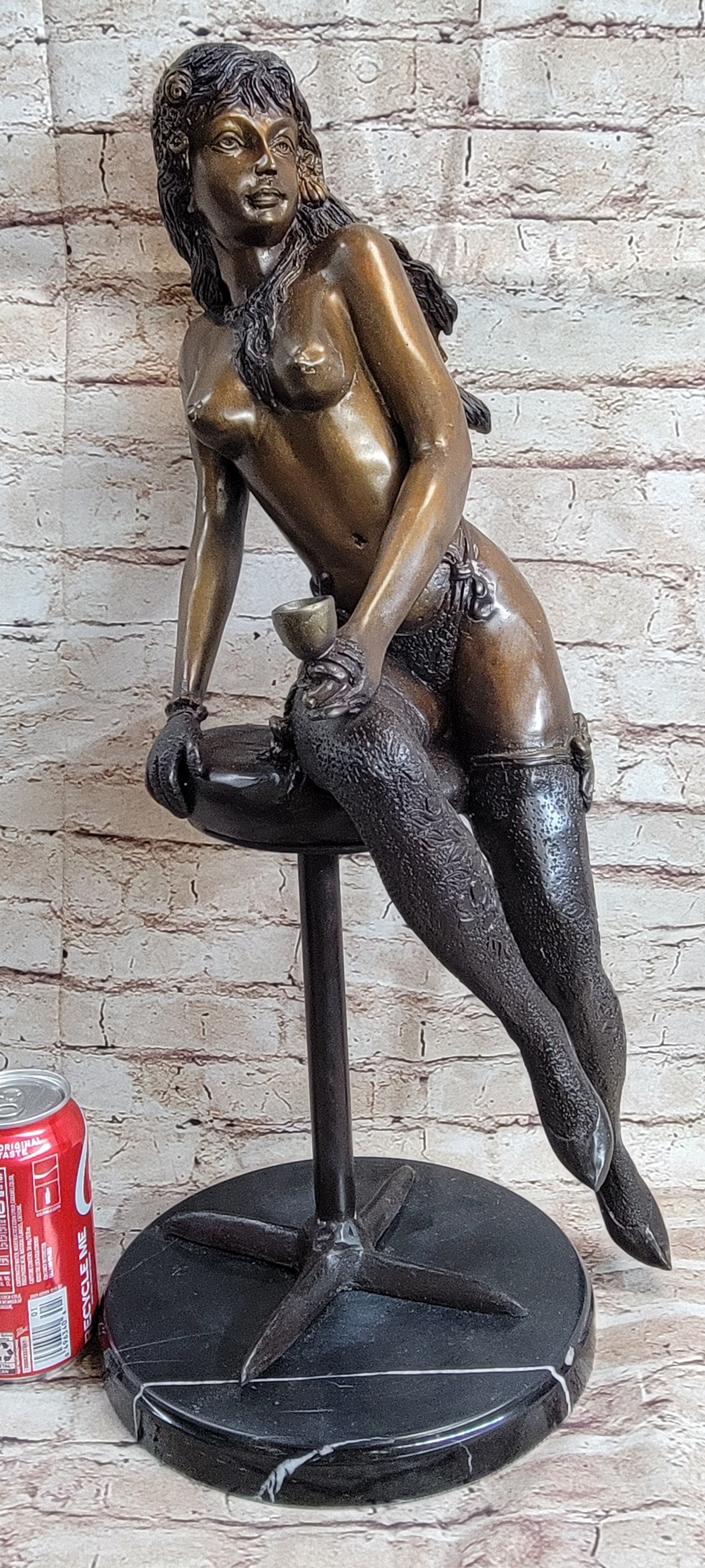 Nude Woman holding a Cup sitting on Stool Bronze Sculpture