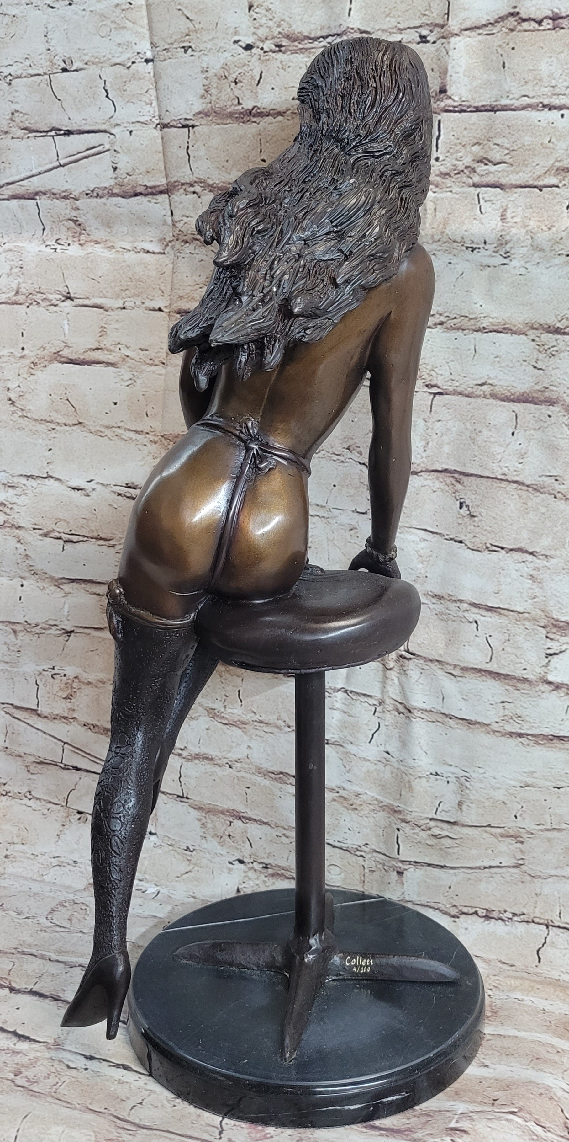 Nude Woman holding a Cup sitting on Stool Bronze Sculpture