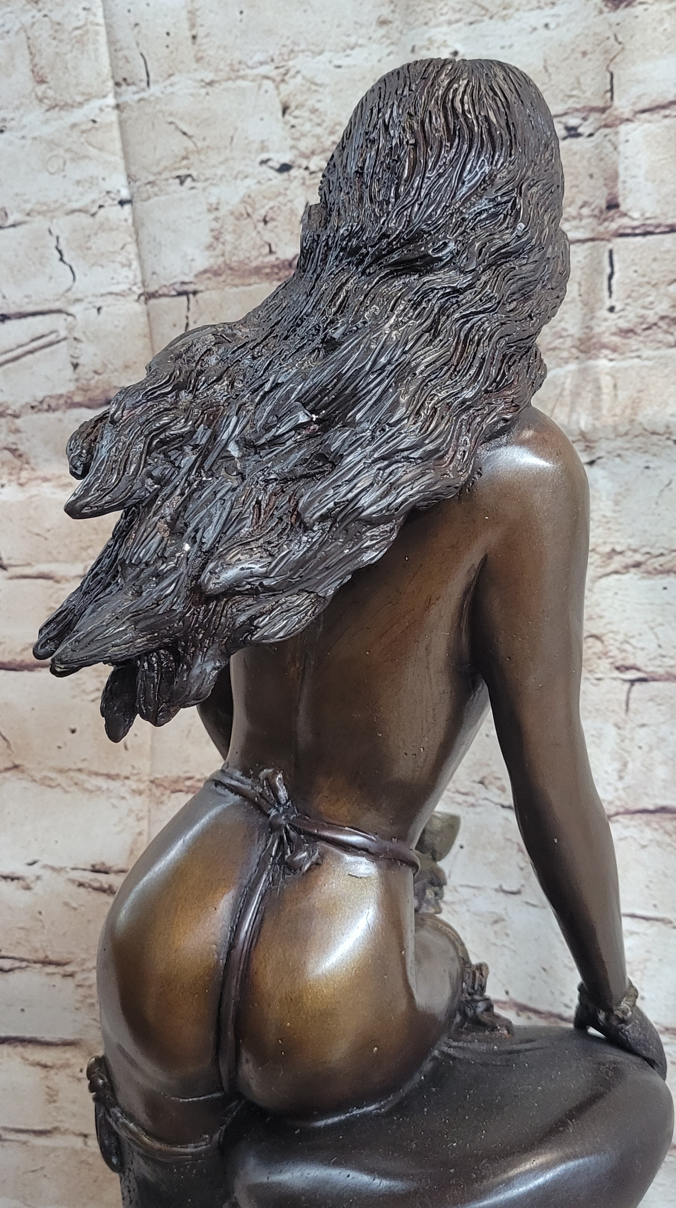 Nude Woman holding a Cup sitting on Stool Bronze Sculpture