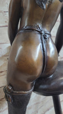 Nude Woman holding a Cup sitting on Stool Bronze Sculpture
