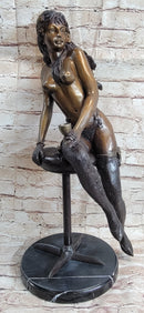 Nude Woman holding a Cup sitting on Stool Bronze Sculpture