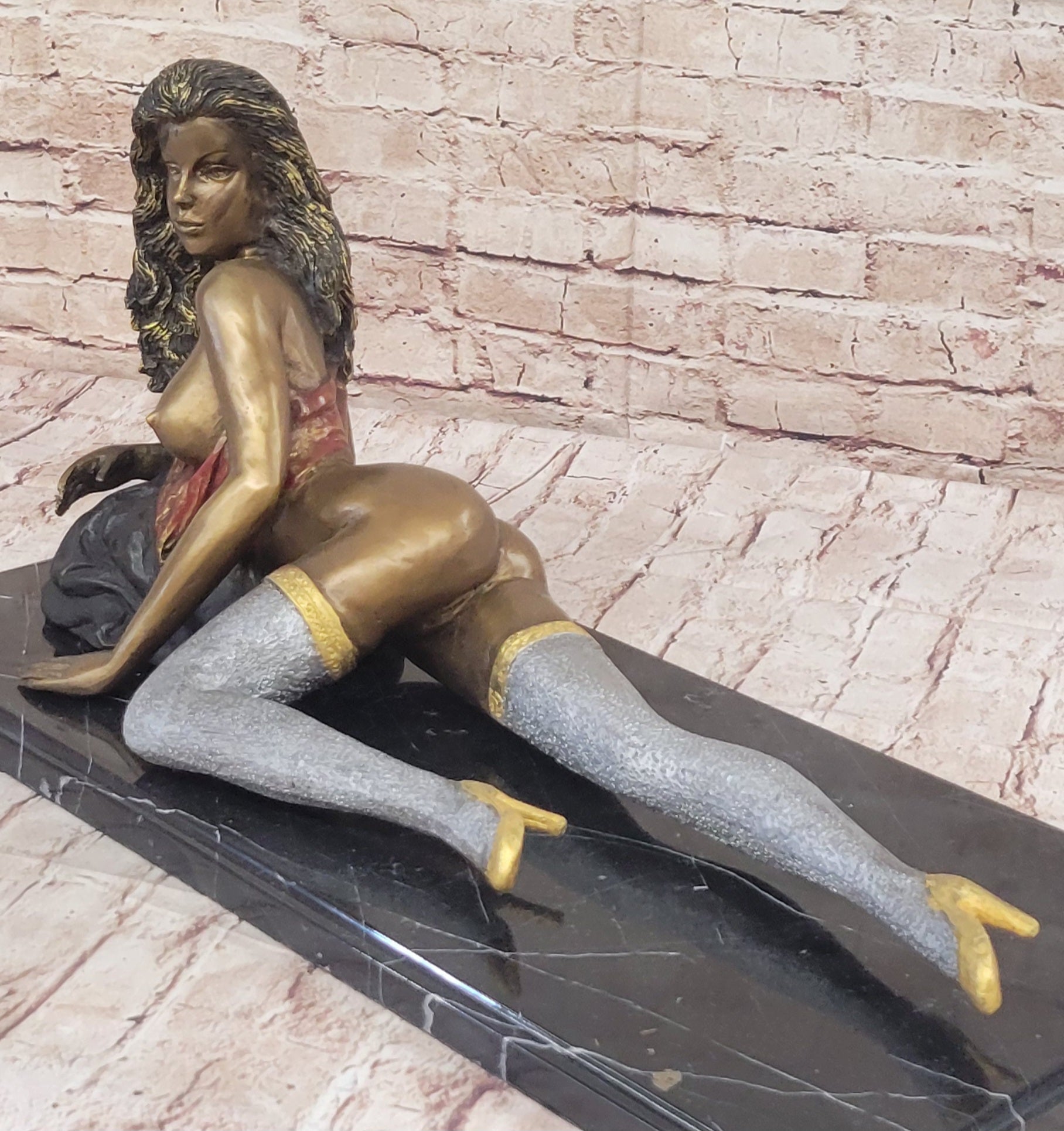 Hot Cast Bronze Sexy Nude Bronze Girl in Stocking & Lingerie Original Signed Art