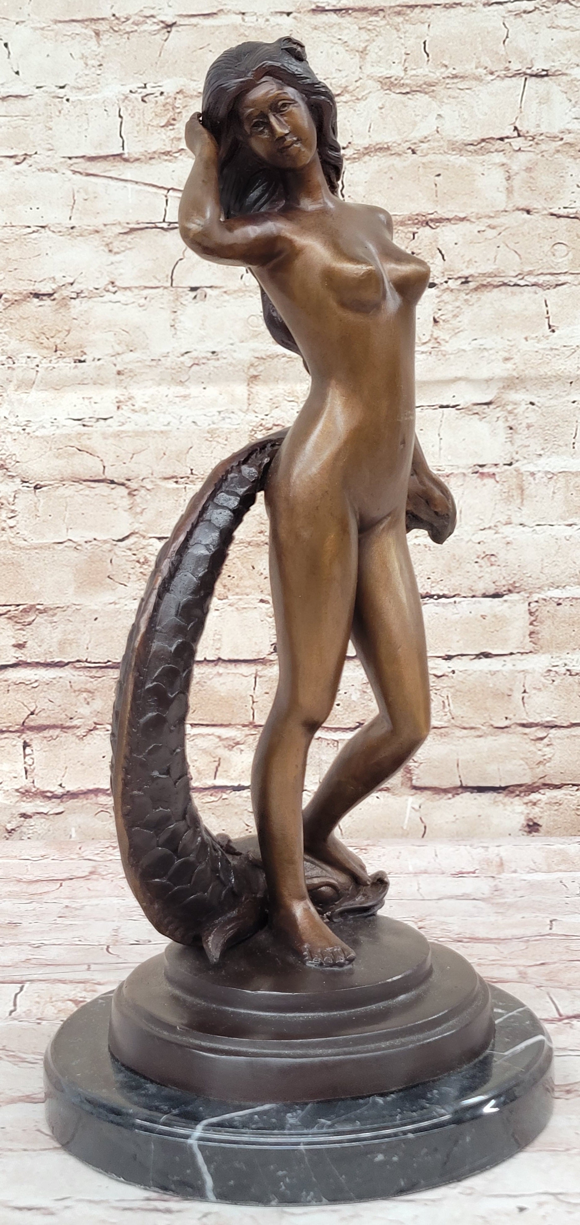 Nude Woman With Fish sea Nymph Bronze Sculpture by Collett Figure