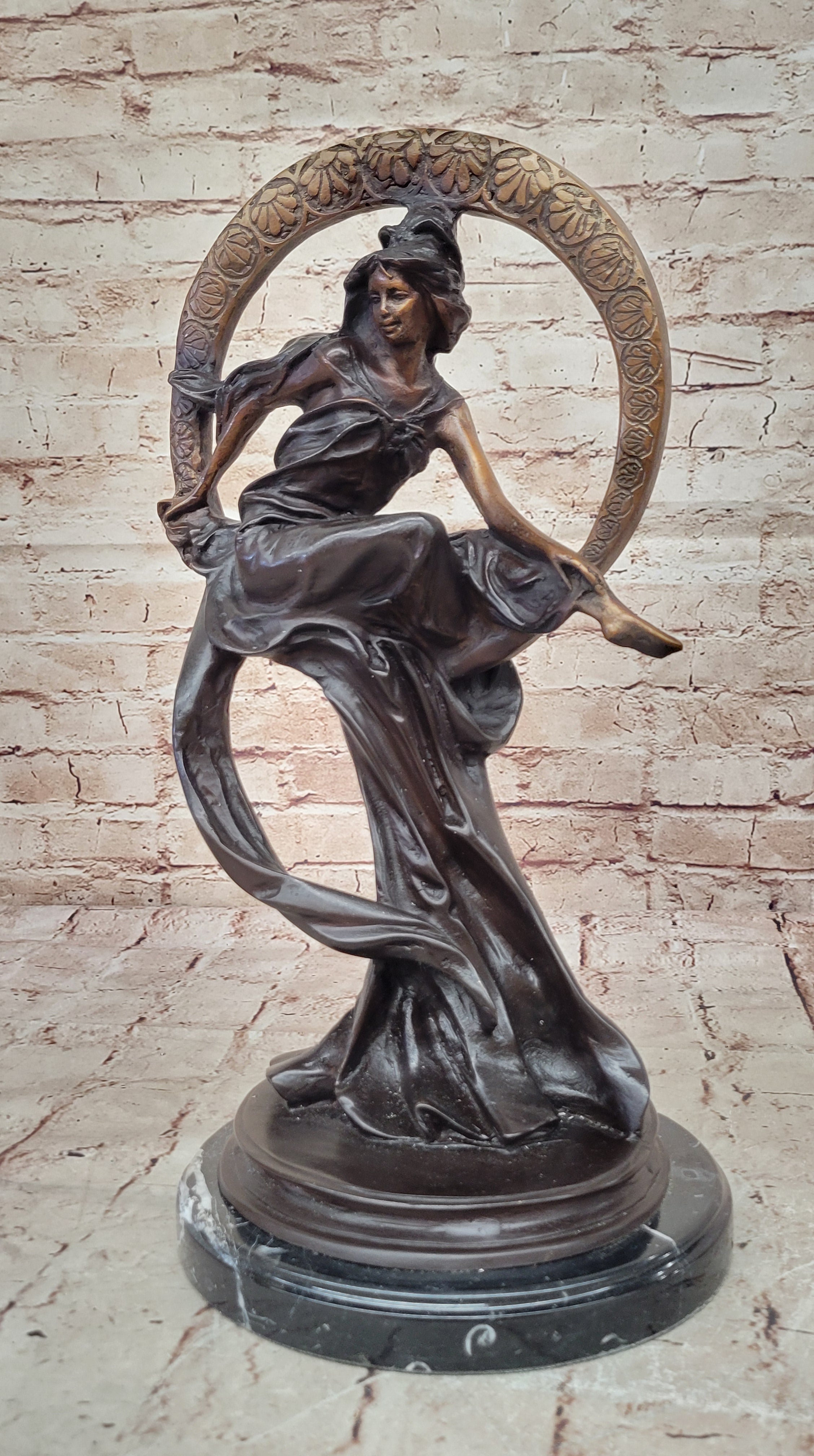 Girl Sitting on the Moon Bronze Sculpture Art Deco 17" x 10"