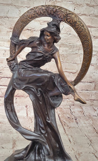 Girl Sitting on the Moon Bronze Sculpture Art Deco 17" x 10"