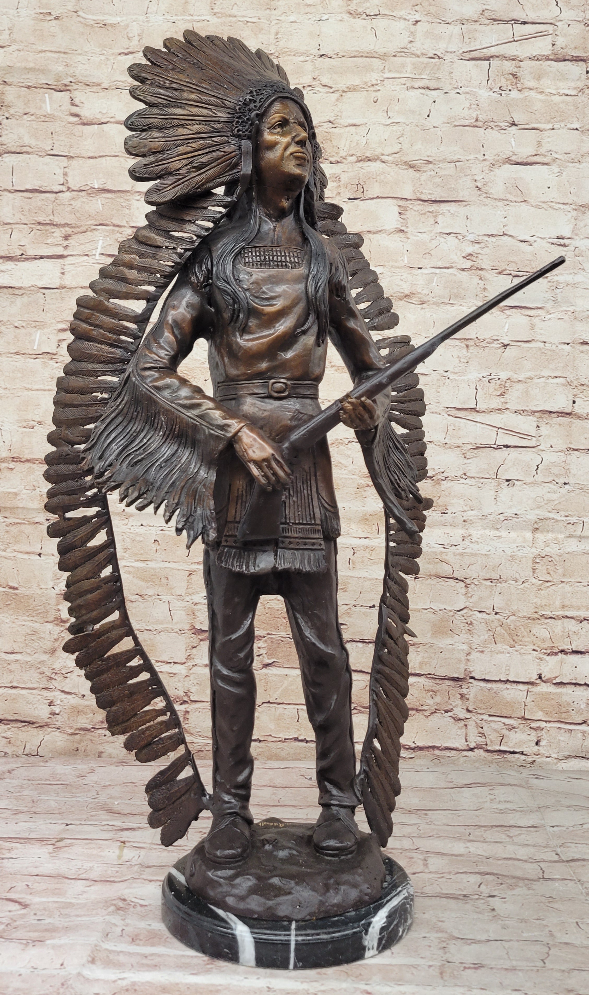 Native American Indian Warrior w/ Rifle Bronze Sculpture