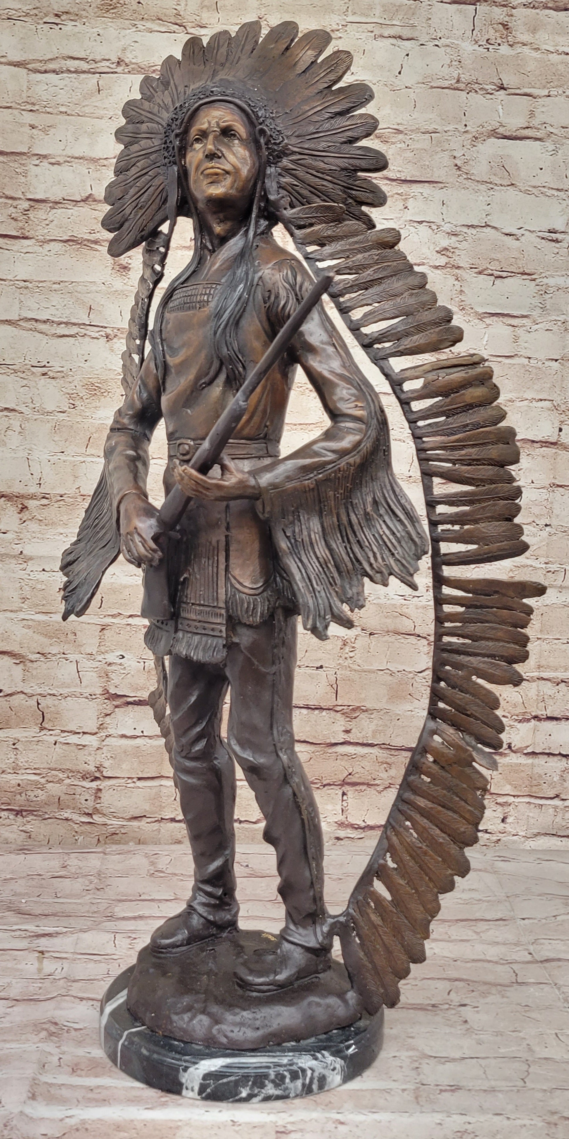 Native American Indian Warrior w/ Rifle Bronze Sculpture