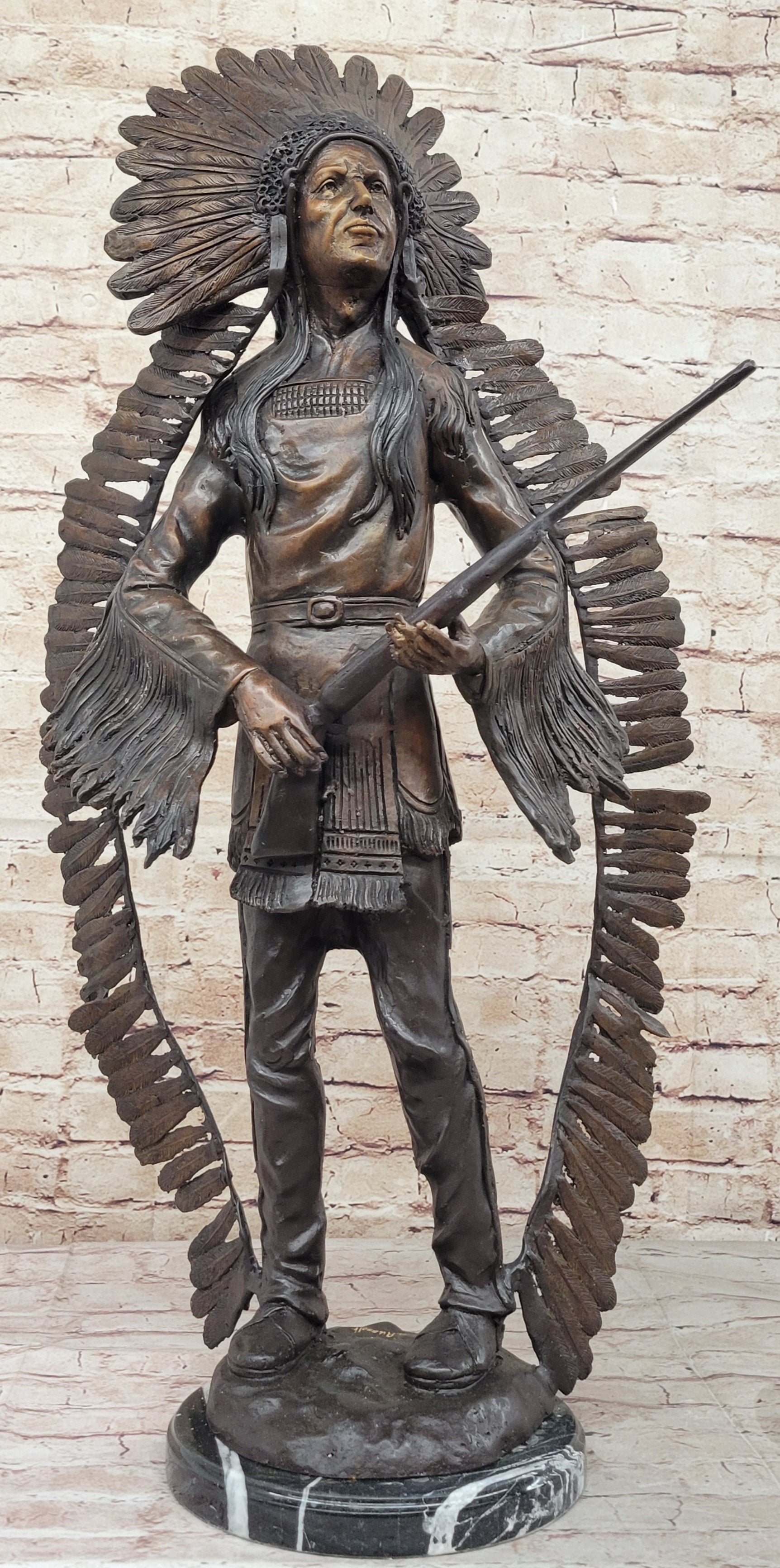 Native American Indian Warrior w/ Rifle Bronze Sculpture