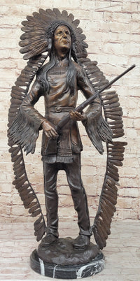 Native American Indian Warrior w/ Rifle Bronze Sculpture