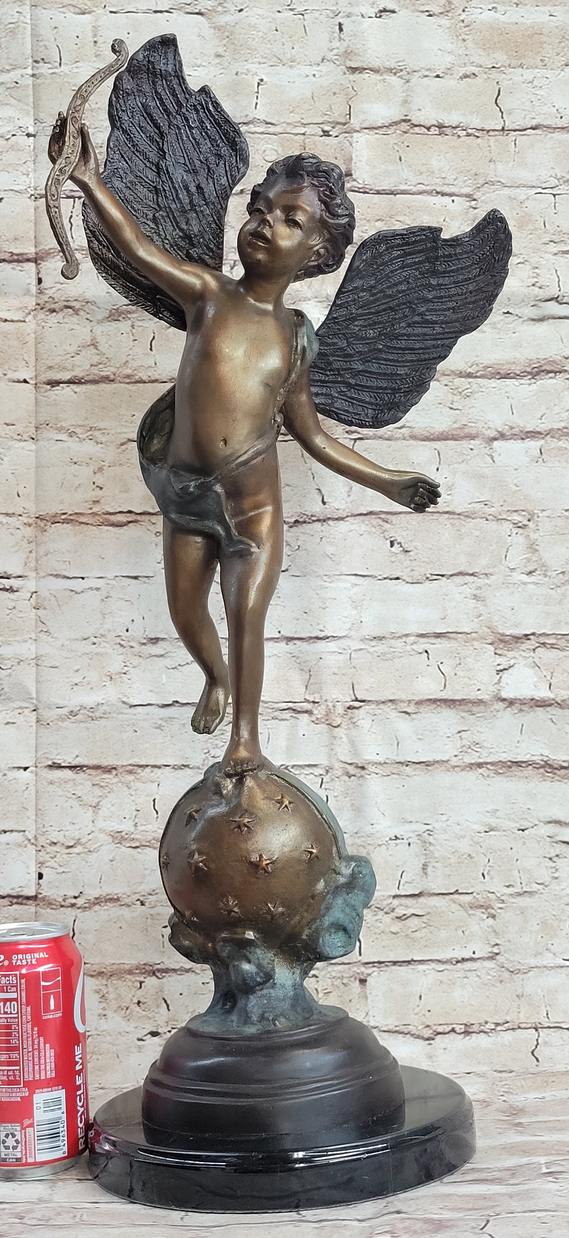 Cupid w/ Bow Winged Angel Boy Bronze Sculpture Statue Nude Figure on Marble Base