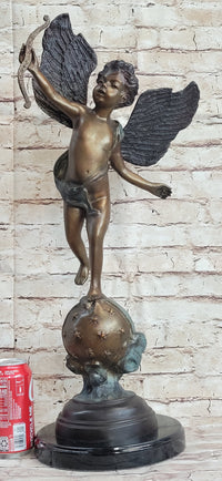 Cupid w/ Bow Winged Angel Boy Bronze Sculpture Statue Nude Figure on Marble Base