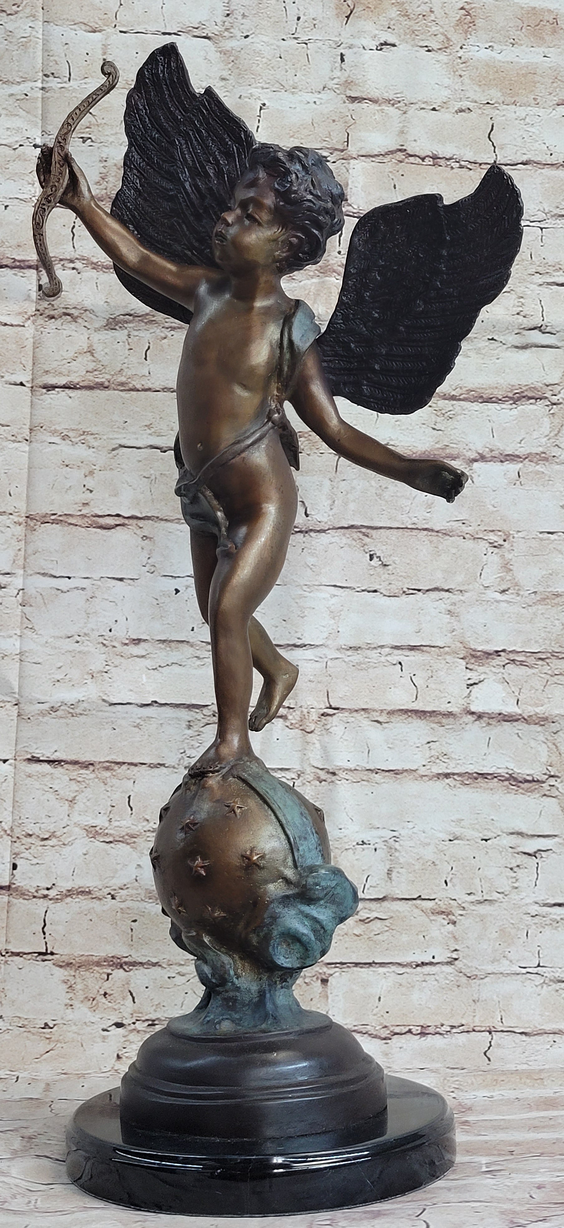 Cupid w/ Bow Winged Angel Boy Bronze Sculpture Statue Nude Figure on Marble Base
