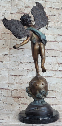 Cupid w/ Bow Winged Angel Boy Bronze Sculpture Statue Nude Figure on Marble Base