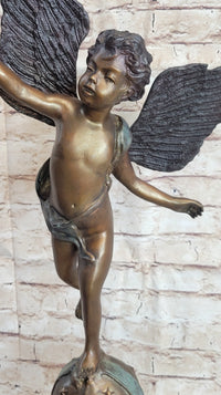 Cupid w/ Bow Winged Angel Boy Bronze Sculpture Statue Nude Figure on Marble Base