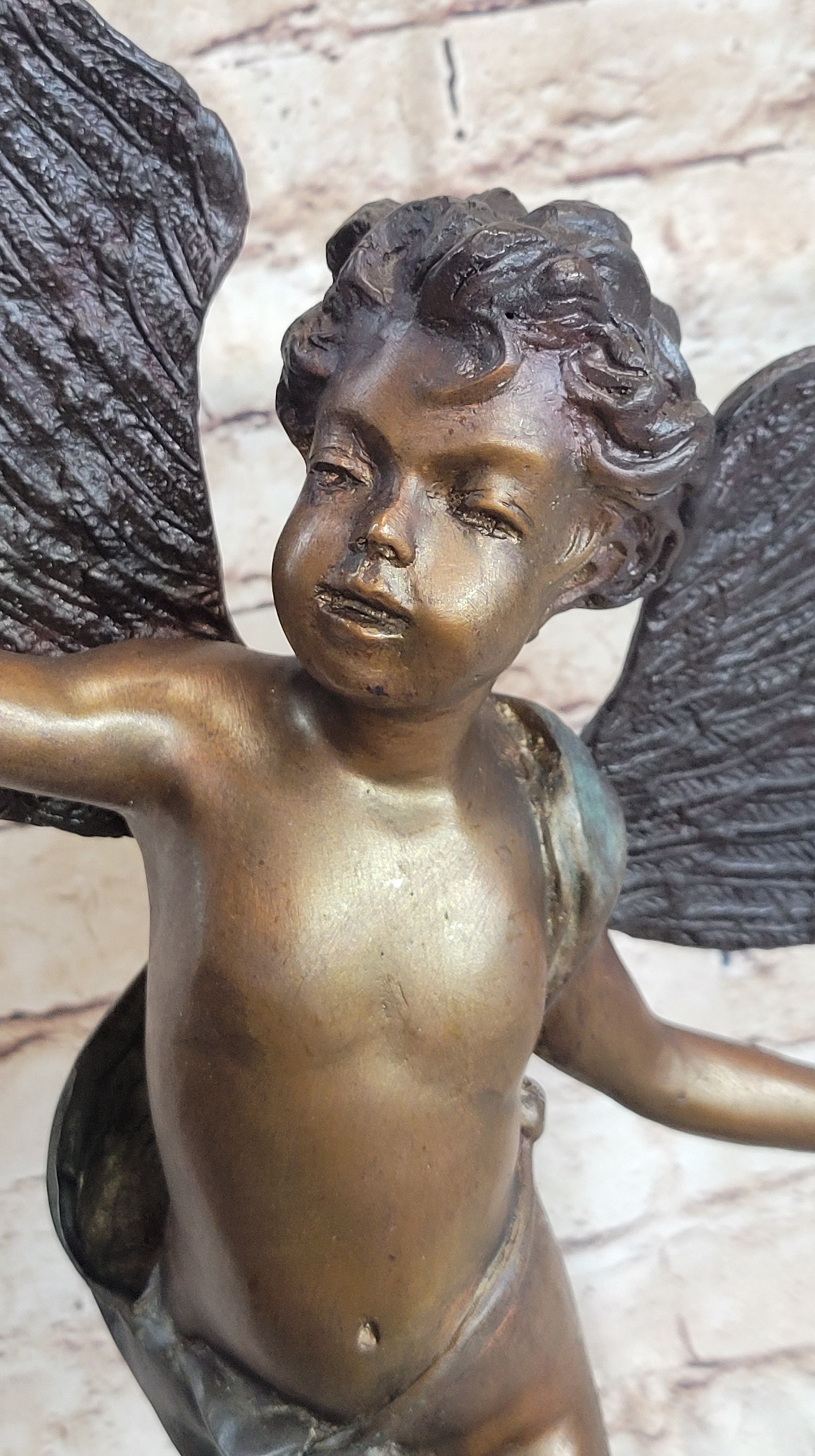 Cupid w/ Bow Winged Angel Boy Bronze Sculpture Statue Nude Figure on Marble Base