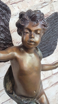 Cupid w/ Bow Winged Angel Boy Bronze Sculpture Statue Nude Figure on Marble Base