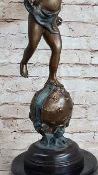 Cupid w/ Bow Winged Angel Boy Bronze Sculpture Statue Nude Figure on Marble Base
