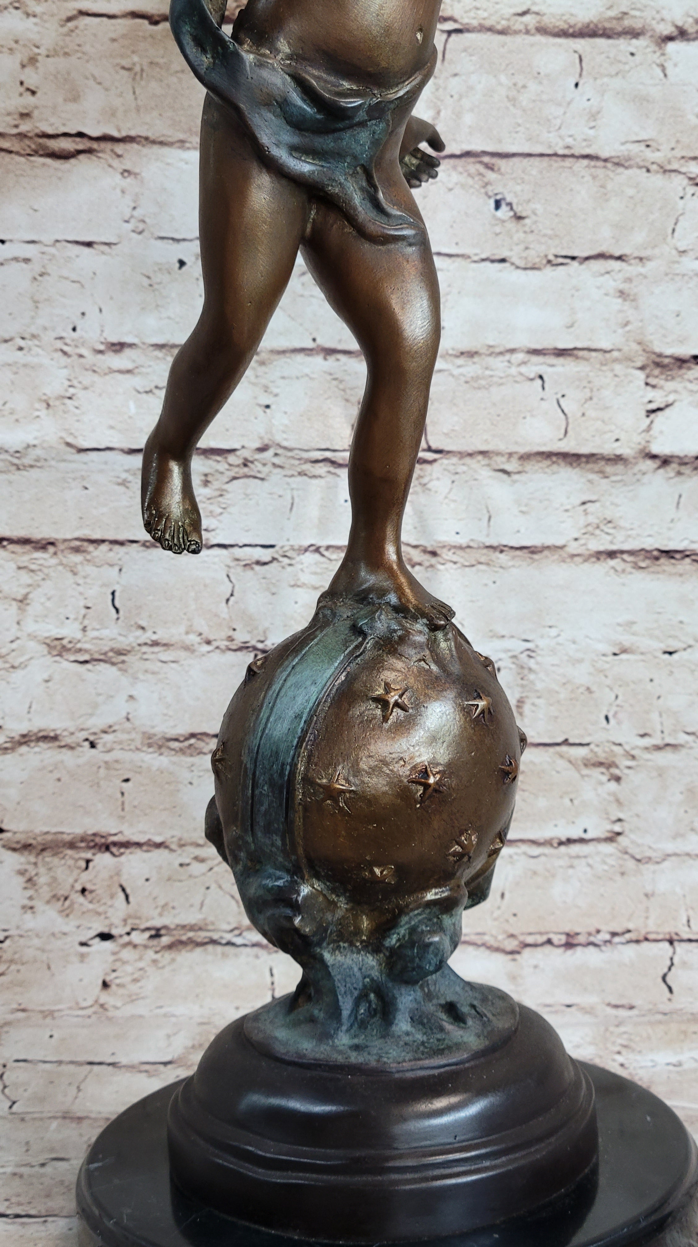 Cupid w/ Bow Winged Angel Boy Bronze Sculpture Statue Nude Figure on Marble Base