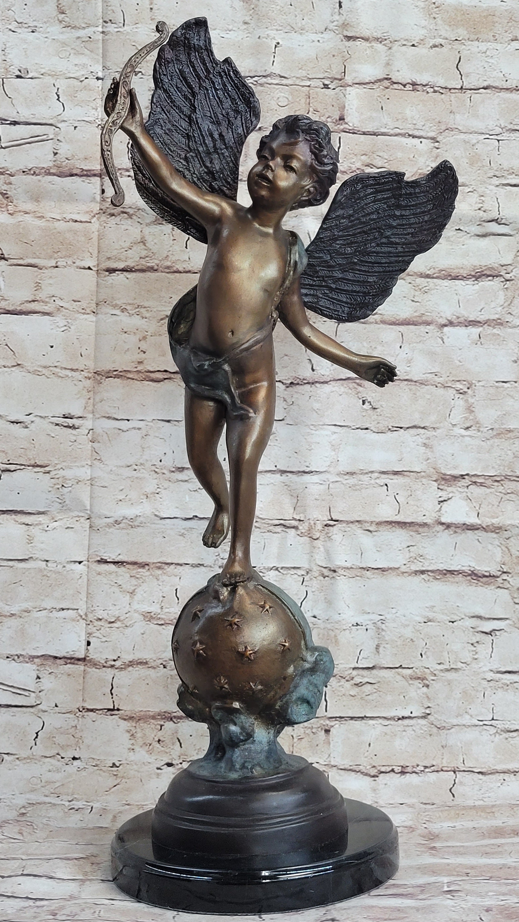 Cupid w/ Bow Winged Angel Boy Bronze Sculpture Statue Nude Figure on Marble Base