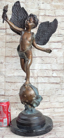 Cherub Cupid w/ Torch Real Bronze Vintage Sculpture 24" x 12"