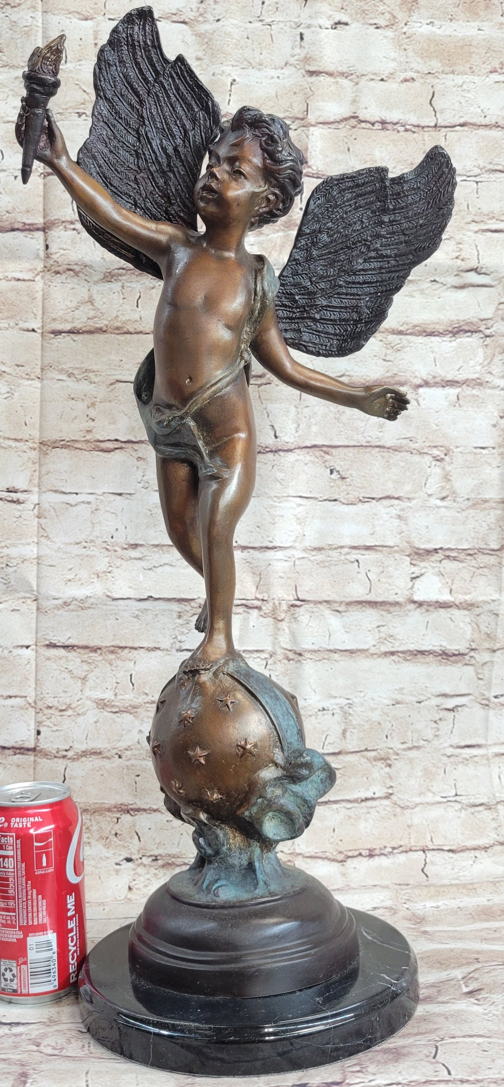 Cherub Cupid w/ Torch Real Bronze Vintage Sculpture 24" x 12"