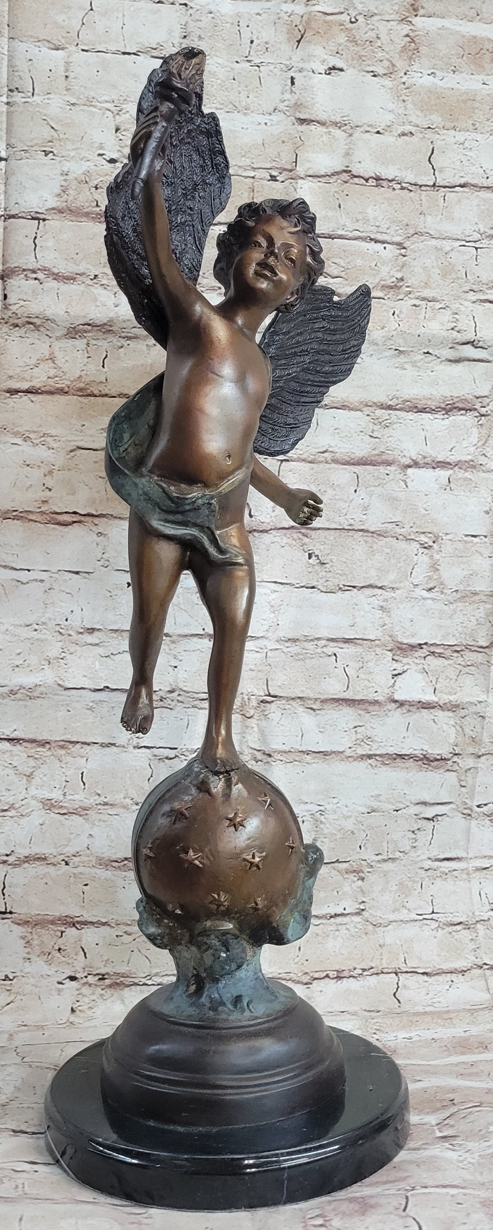 Cherub Cupid w/ Torch Real Bronze Vintage Sculpture 24" x 12"