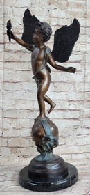 Cherub Cupid w/ Torch Real Bronze Vintage Sculpture 24" x 12"