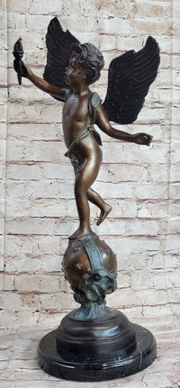 Cherub Cupid w/ Torch Real Bronze Vintage Sculpture 24" x 12"