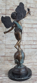 Cherub Cupid w/ Torch Real Bronze Vintage Sculpture 24" x 12"