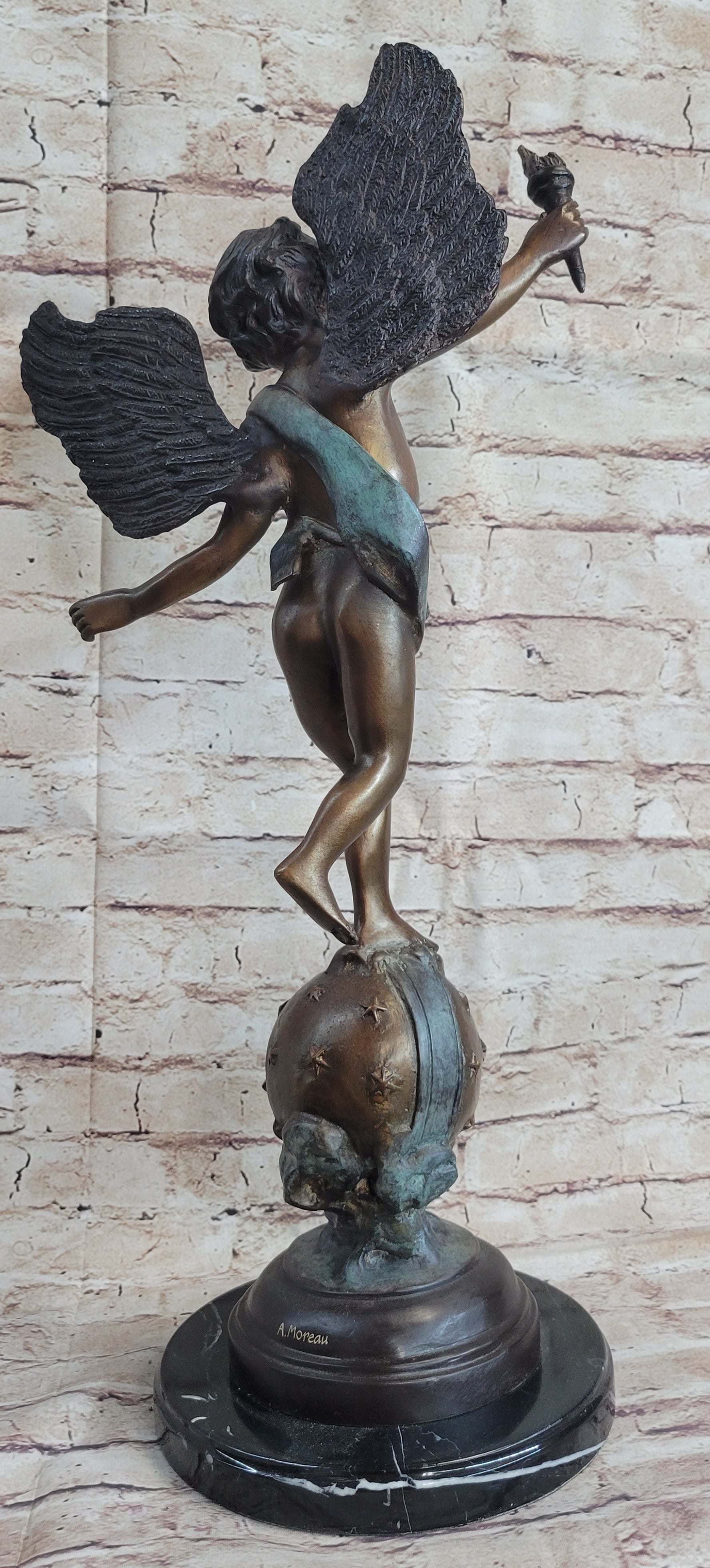 Cherub Cupid w/ Torch Real Bronze Vintage Sculpture 24" x 12"
