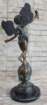 Cherub Cupid w/ Torch Real Bronze Vintage Sculpture 24" x 12"
