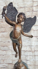 Cherub Cupid w/ Torch Real Bronze Vintage Sculpture 24" x 12"