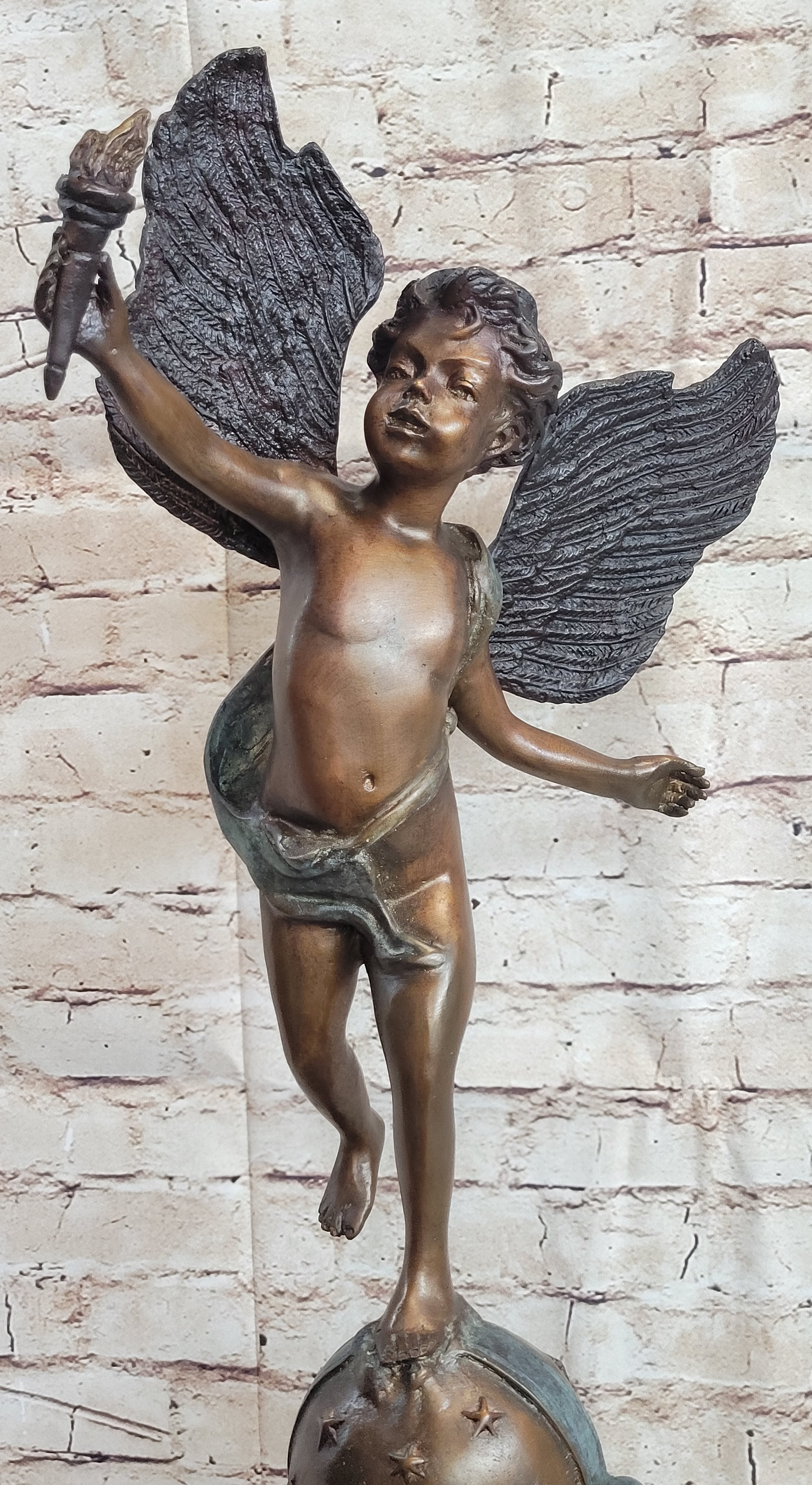 Cherub Cupid w/ Torch Real Bronze Vintage Sculpture 24" x 12"