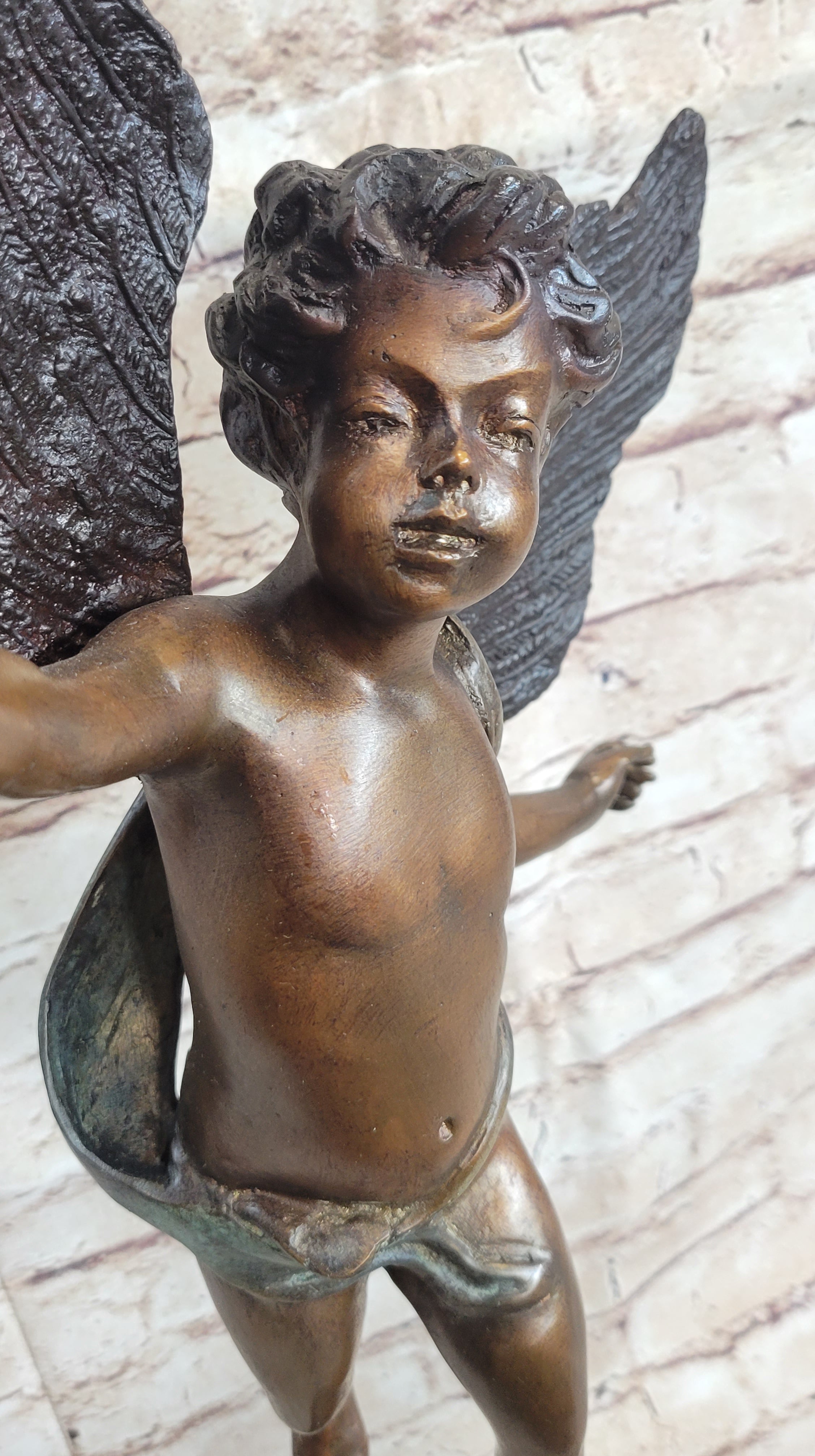 Cherub Cupid w/ Torch Real Bronze Vintage Sculpture 24" x 12"