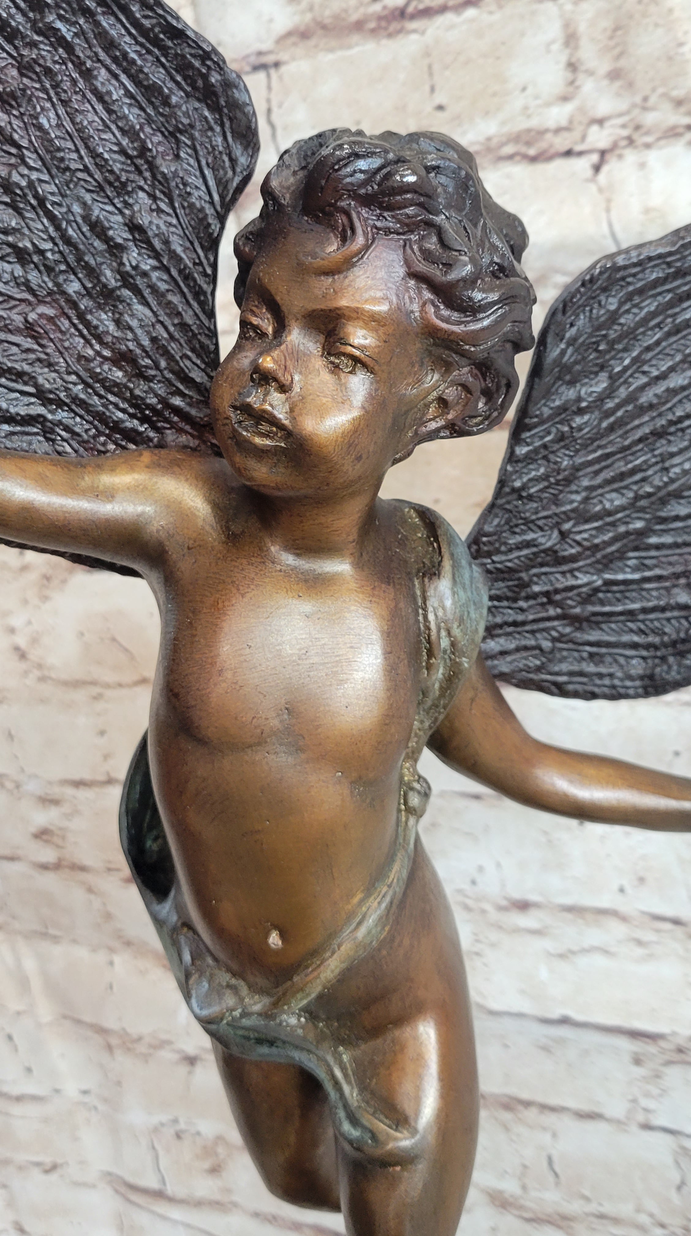Cherub Cupid w/ Torch Real Bronze Vintage Sculpture 24" x 12"